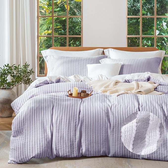 MILDLY Purple Striped Duvet Cover - 100% Washed Cotton Jacquard Textured Comforter Cover with Dual Zipper Closure & 8 Coner Ties