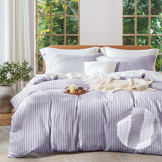 MILDLY Purple Striped Duvet Cover - 100% Washed Cotton Jacquard Textured Comforter Cover with Dual Zipper Closure & 8 Coner Ties