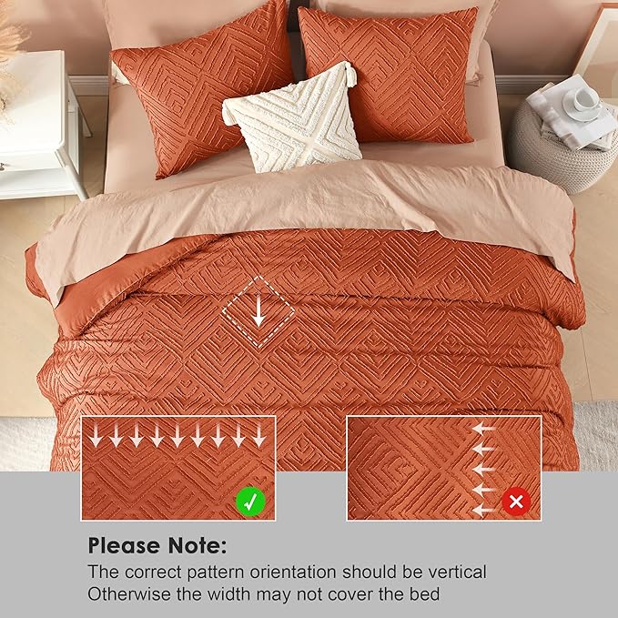 Litanika Burnt Orange Queen Comforter Set, 3 Pieces Terracotta Tufted Boho Farmhouse Bedding Comforter Sets, Lightweight Fluffy Comforter Bed Set for All Season (90x90In Comforter and 2 Pillowcases)