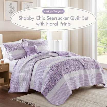 Madison Park Quilt Set, Seersucker Floral Coverlet for Queen Size Bed, All Season Lightweight Bedding, Farmhouse Quilt Set, Vermicelli Quilting, Throw Pillow, Caralie, Full/Queen Purple 4 Piece