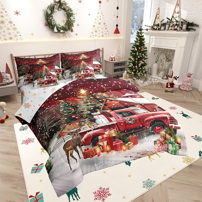 Merry Christmas Comforter Set 7 PCS,Luxury Christmas Trees and Gifts Bed Set for Girls Kids,Red Barn Truck Bed in a Bag Bedding Set with Comforter,Sheet Set,Pillowcases,Pillow Covers,King