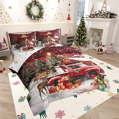 Merry Christmas Comforter Set 7 PCS,Luxury Christmas Trees and Gifts Bed Set for Girls Kids,Red Barn Truck Bed in a Bag Bedding Set with Comforter,Sheet Set,Pillowcases,Pillow Covers,Twin