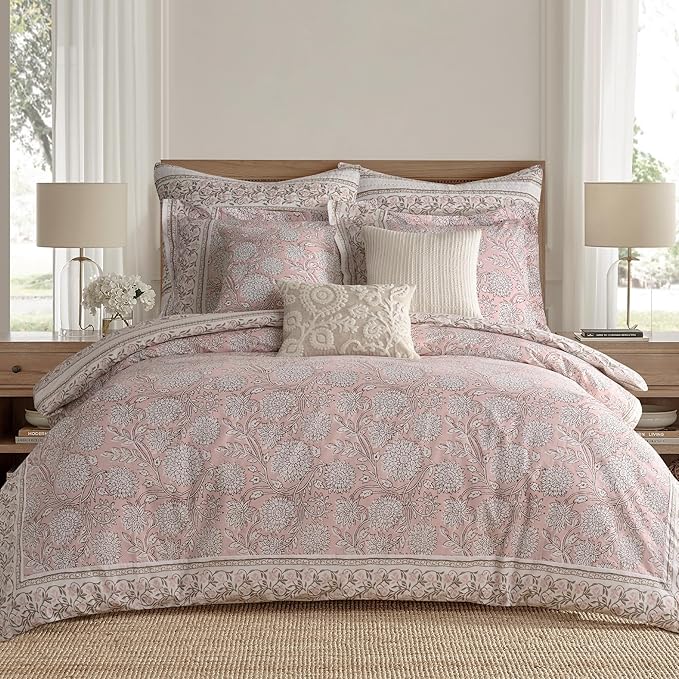 Levtex Home Adare Blush Reversible Queen Duvet Cover Set (90x94in) with 2 Pillow Shams (26x20in) - Floral Bedding - Blush and White - 100% Cotton Queen Size Duvet Cover Set - Soft, Pre-Washed