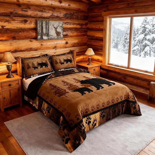 Feelyou Bear Comforter Set King Size Farmhouse Wild Animal Comforter Retro Cabin Lodge Bedding Set for Kids Boys Girls Brown Bear Paws Duvet Rustic Bedroom Decor Quilted 3Pcs
