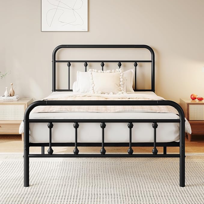 zunatu King Size Metal Bed Frame with Victorian Style Headboard and Footboard, Steel Slat Support Platform Bed, No Box Spring Needed, Under Bed Storage, Easy Assembly, Black