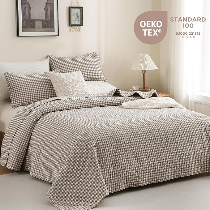 TOCOMOA Tan Gingham Quilt Bedding Set 100% Washed Cotton Bedspread Coverlet Like Linen Feel Soft Comfy Breathable 3 Piece Brown Plaid Checkered Lightweight Comforter Set for All Season, Queen 96"x90"