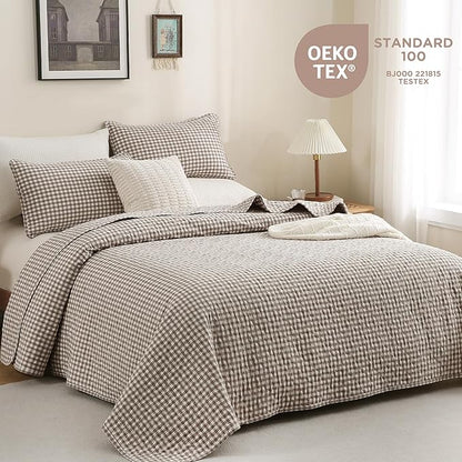 TOCOMOA Tan Gingham Quilt Bedding Set 100% Washed Cotton Bedspread Coverlet Like Linen Feel Soft Comfy Breathable 3 Piece Brown Plaid Checkered Lightweight Comforter Set for All Season, Queen 96"x90"