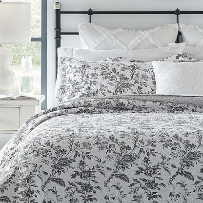 Laura Ashley - King Quilt Set, Soft Cotton Bedding with Reversible Design, Medium Weight for Year Round Use, 3 Piece Bed Set with Matching Pillowcases (Amberley Black/White)