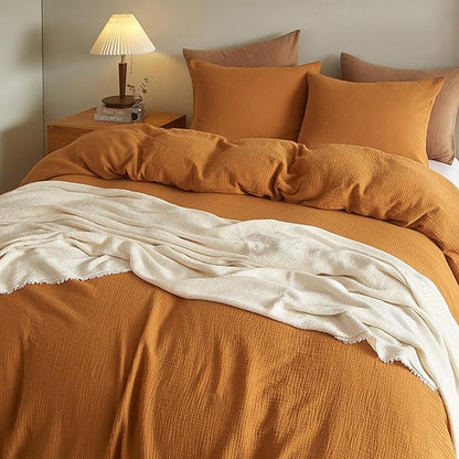 SE SOFTEXLY Muslin Duvet Cover Queen Size, 100% Washed Cotton Duvet Cover Set, Ultra Soft Comforter Cover Linen Like, 3 Pieces Minimalist Gauze Duvet Cover with 2 Pillowcases, 90"x90", Pumpkin