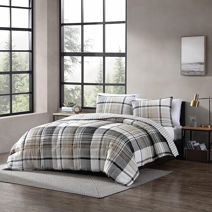 Eddie Bauer - Queen Comforter Set, Plaid Reversible Bedding, Stylish & Warm Home Decor (Normandy Grey, Queen)