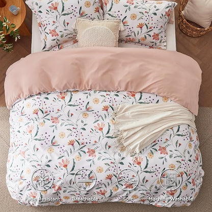 Bedsure Duvet Cover Queen Size - Reversible Floral Duvet Cover Set with Zipper Closure, 3 Pieces Pale Blush Bedding Set with 8 Corner Ties and 2 Pillow Shams 20"x26"