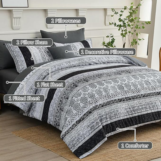 Cottolester Boho King Size Comforter Set 8 Pieces,Gray Bohemian Striped Bed in a Bag,Floral Soft Microfiber Bedding Comforter Set
