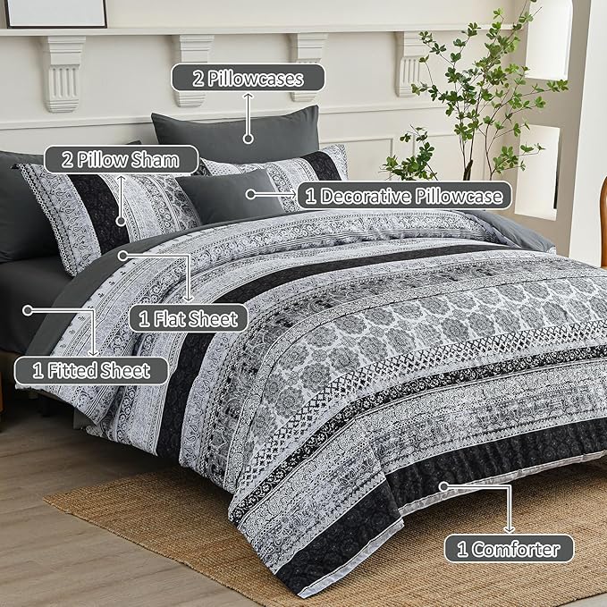 Cottolester Boho Queen Size Comforter Set 8 Pieces,Gray Bohemian Striped Bed in a Bag,Floral Soft Microfiber Bedding Comforter Set