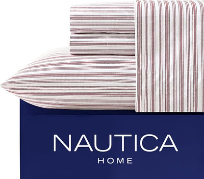 Nautica - Twin XL Size Sheet Set, Crisp & Tailored Cooling Sheets with a Smooth Cotton Percale Lightweight Feel - Bed Sheets with Matching Pillowcase & Fitted Sheet (Coleridge Stripe Red)