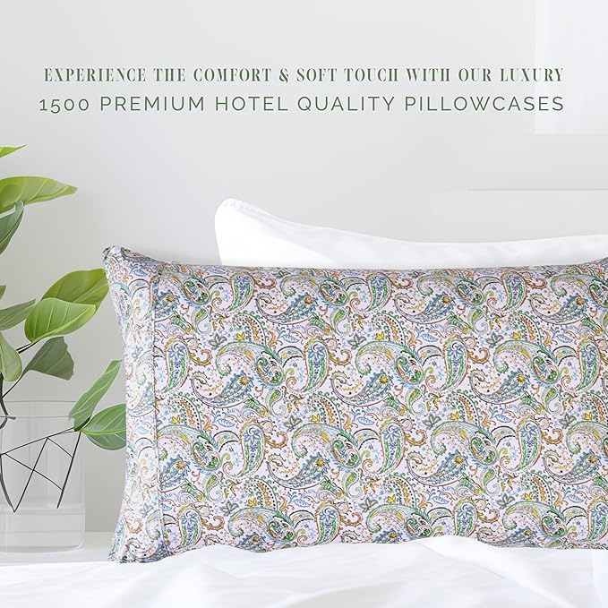 Elegant Comfort Ultra Soft Set of 2 Floral Print Pillowcases - 1500 Premium Hotel Quality Microfiber, Soft and Smooth Envelope Closure 2-Piece Pillow Covers - King, Paisley Teal
