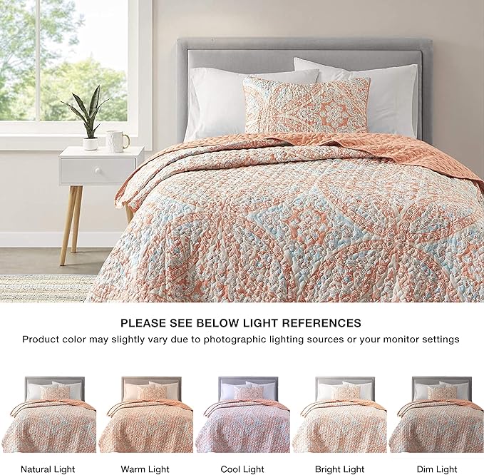 Comfort Spaces Reversible Quilt Set-Vermicelli Stitching Design All Season, Lightweight, Coverlet Bedspread Bedding, Matching Shams, Twin/Twin XL (66 in x 90 in, Gloria Damask Coral 2 Piece