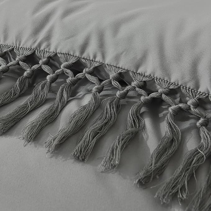 Andency Queen Comforter Set Medium Grey, 3 Pieces Boho Lightweight Fall Bedding Comforter Sets, Tassel Bed Set (90x90In Comforter & 2 Pillowcases)