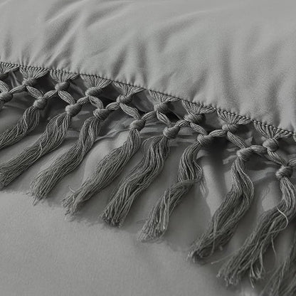 Andency Queen Comforter Set Medium Grey, 3 Pieces Boho Lightweight Fall Bedding Comforter Sets, Tassel Bed Set (90x90In Comforter & 2 Pillowcases)