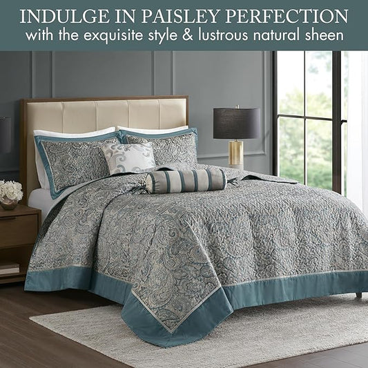 Madison Park Aubrey Reversible Quilted Bedspread Set, Solid Reverse Summer Breathable, Lightweight All Season Bedding Layer, Matching Shams, Bedspread Queen(102"x118") Teal 5 Piece