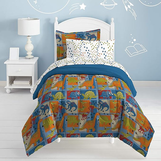 Dream Factory Dinosaur Blocks Ultra Soft Microfiber Boys Comforter Set, Blue, Twin