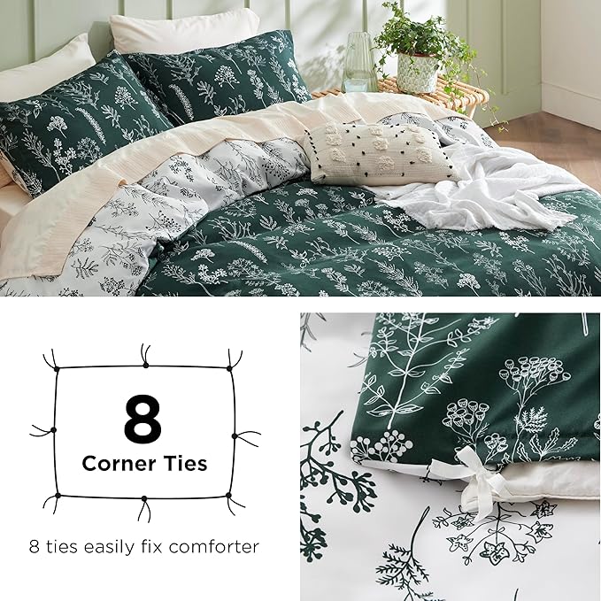 Bedsure Duvet Cover King Size - Reversible Emerald Green King Duvet Cover Set with Zipper Closure, 3 Pieces Floral Patterned Bedding Set with 8 Corner Ties and 2 Pillow Shams
