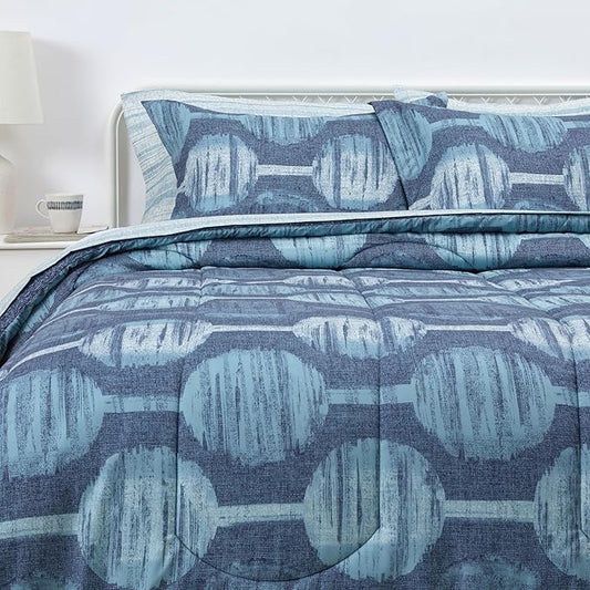 Amazon Basics 7-Piece Lightweight Microfiber Comforter Set, Full/Queen, Navy Geometrics