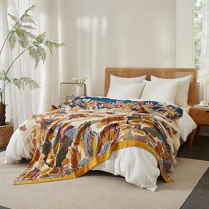 Boho Throw Blanket for Bed 90”x108”, 100% Cotton Woven Blanket for Couch Sofa, Ultra Soft 4-Layer Muslin Quilt with Vintage Floral Printed, Farmhouse Bed Blanket/Cover for Living Room Decor