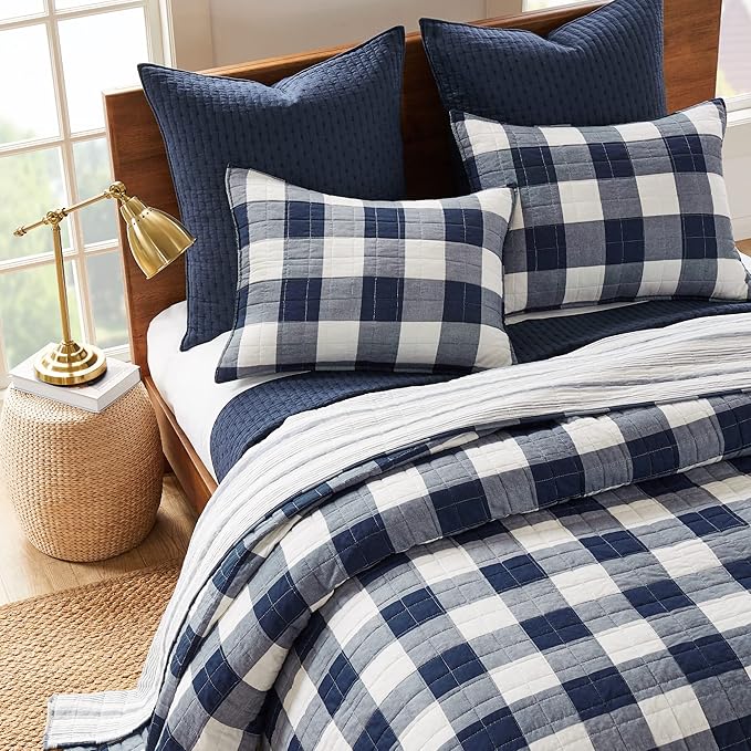 Levtex Home - Camden Bedspread Set - Queen Bedspread (110 x 118 in.) + Two Standard Pillow Shams (26 x 20 in.) - Buffalo Check in Navy and Cream - Reversible Pattern - Cotton