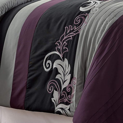 Chezmoi Collection Napa 7-Piece Luxury Leaves Scroll Embroidery Bedding Comforter Set (Oversized King, Purple/Black/Gray)