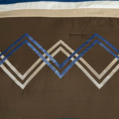 Chezmoi Collection Arden 7-Piece Modern Pleated Stripe Embroidered Zigzag Bedding Comforter Set (King, Coffee/Brown/Navy/White)