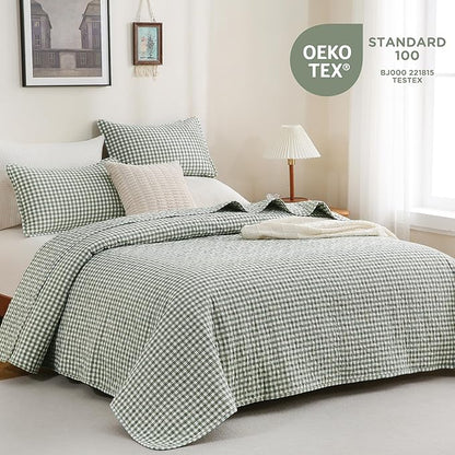 TOCOMOA Green Brown Gingham Quilt Bedding Set 100% Washed Cotton Bedspread Coverlet Like Linen Feel Soft Comfy Breathable 3 Pcs Plaid Checkered Lightweight Comforter Set for All Season, Queen 96"x90"