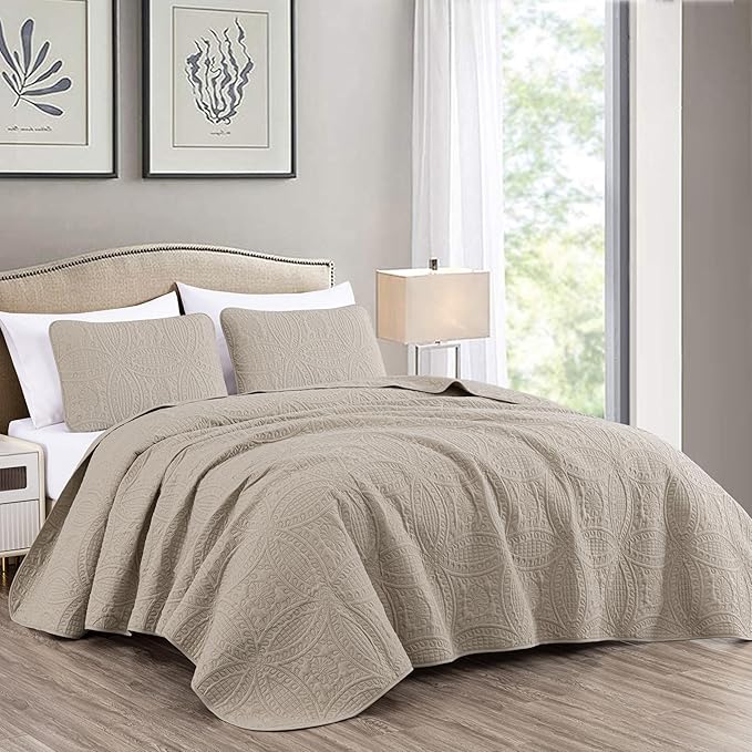 Chezmoi Collection Austin 3-piece Oversized Bedspread Coverlet Set (King, Khaki) | Oversized, Lightweight, Fade Resistant