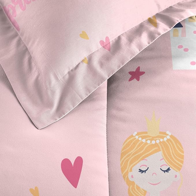 Dream Factory Kids 7-Piece Complete Bed Set Easy-Wash Super Soft Microfiber Comforter Bedding, Full, Pink Little Princess