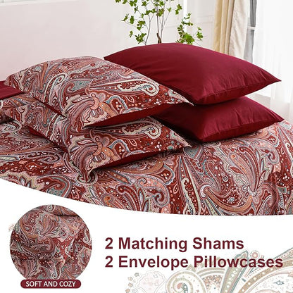 DJY Red Paisley Comforter Set Full Size 7 Piece Bed in a Bag Boho Paisley Pattern Comforter Set Soft Lightweight Microfiber Reversible Bedding Set for All Season (Full)