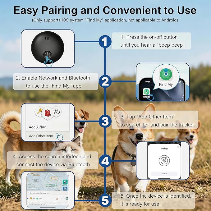 GPS Tracker for Dogs, Smart Collar with Real-Time Location - Pet Location Tracker with Holder, No Monthly Fee/No SIM Card, Works with iOS Find My【Apple MFi Certified】 ﻿, Ultra-Slim, IP68 Waterproof