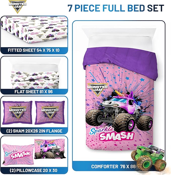 Jay Franco Kids Comforter Set Includes Sheets and Pillow Covers - Soft and Cozy Bed Set for Stylish Room Decor, Pink - Monster Jam, 7 Piece Full Bedding