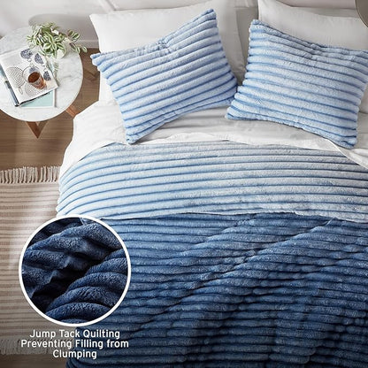 Intelligent Design King Comforter Set, Plush Bedding, Microfiber Reverse, 3 Piece, Lightweight, Super Soft Ribbed Velvet Comforter 2 Shams, All Season Fluffy Bed Set, Avril, King/Cal King Blue Ombre