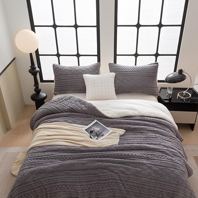 COTTEBED Sherpa Fluffy Comforter Sets King Size, Boho Tufted Bedding Down Blanket Comforter, Super Soft Polycotton Shabby Plush Fleece Sherpa Warm Medium Weight All Season Winter, Gray King/Cal King