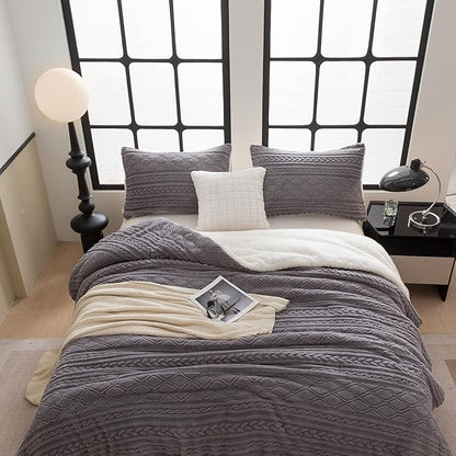 COTTEBED Sherpa Fluffy Comforter Sets King Size, Boho Tufted Bedding Down Blanket Comforter, Super Soft Polycotton Shabby Plush Fleece Sherpa Warm Medium Weight All Season Winter, Gray King/Cal King