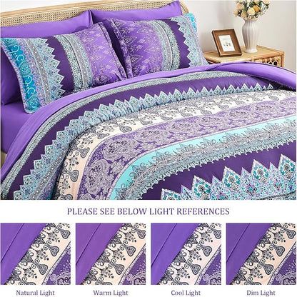 Boho Comforter Set King Size Purple - 7 Pieces Bohemian Floral Striped Comforter and Sheet Set, Lightweight Bed in a Bag Complete Bedding Sets King Size for All Season (Purple,King)