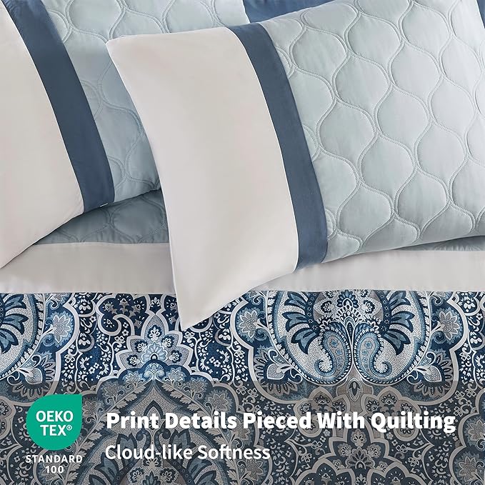 510 DESIGN Luxe Quilted Comforter Set Modern Transitional Design, All Season Down Alternative Warm Bedding Matching Shams, Bedskirt, Decorative Pillow, King, Shawnee Scrollwork Blue
