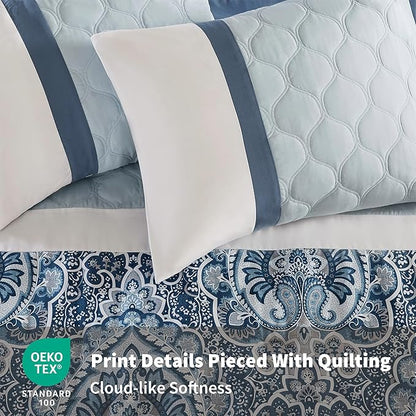 510 DESIGN Luxe Quilted Comforter Set Modern Transitional Design, All Season Down Alternative Warm Bedding Matching Shams, Bedskirt, Decorative Pillow, King, Shawnee Scrollwork Blue
