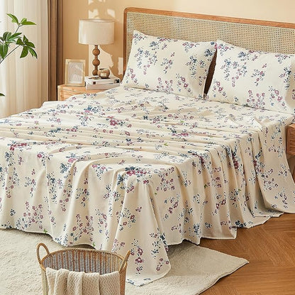 Bedlifes 100% French Linen Sheets King Size – Floral Printed, Botanical Pattern Breathable Cooling Sheet Set, 16" Deep Pocket, 4-Piece (King, Floral Red)