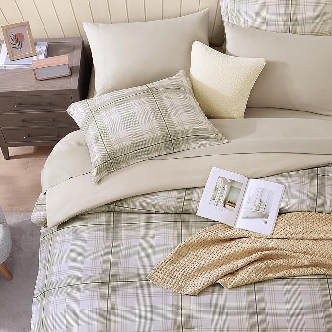 MaiRêve Plaid Queen Comforter Sets, Khaki Green Grid Farmhouse Bedding Set Bed in A Bag, Classic Checkered Comforter Sets with Fitted & Flat Sheet, Pillowcases & Shams 90"x90"