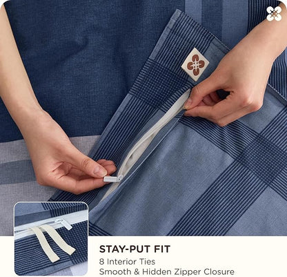 Bedsure Plaid Duvet Cover Queen Size - 100% Cotton Reversible Classic Navy Checkered Pattern Duvet Cover Set, 3 Pieces Soft & Breathable PureWoven Bedding Set with 2 Pillow Shams (Navy Plaid 90"x90")