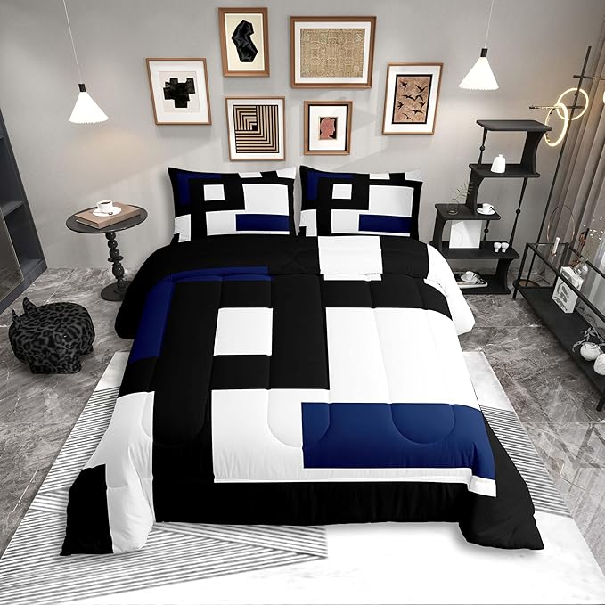 Erosebridal Black and White Striped Comforter Set Toddler Size,Abstract Square Bedding for Kids Teens Adult,Modern Geometric Stripes Bold Lines Quilt,Minimalist Stylish Plaids Duvet Insert