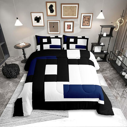 Erosebridal Black and White Striped Comforter Set Queen Size,Abstract Square Bedding for Kids Teens Adult,Modern Geometric Stripes Bold Lines Quilt,Minimalist Stylish Plaids Duvet Insert
