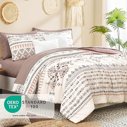 Geniospin Queen Comforter Set - 7 Pieces Reversible Bedding Set, Boho Bed in A Bag, Lightweight Soft Aztec Bedding, All Season Bed Comforter Set with Sheets, Pillowcases & Shams