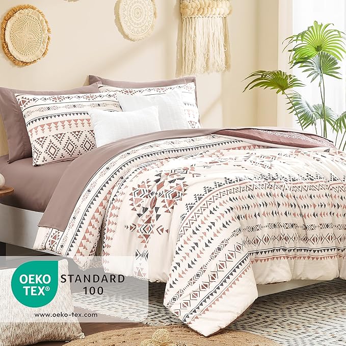 Geniospin Full Comforter Set - 7 Pieces Bed in a Bag, Comfortable Western Bedding Sets for All Seasons, Lightweight Soft Boho Comforter Bed Set with Sheets, Pillowcases & Shams