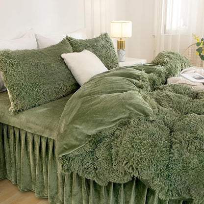 Andency Faux Fur Sage Green Comforter Set King Size, 3 Pieces Fluffy Fuzzy Plush Bedding Comforter Set (1 Shaggy Velvet Comforter & 2 Pillowcases), Soft Puffy Comfy Down Comforter Bedding Set